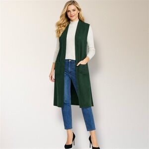 Tahari L Heather Green Sleeveless Longline Duster Cardigan Open Front Pockets